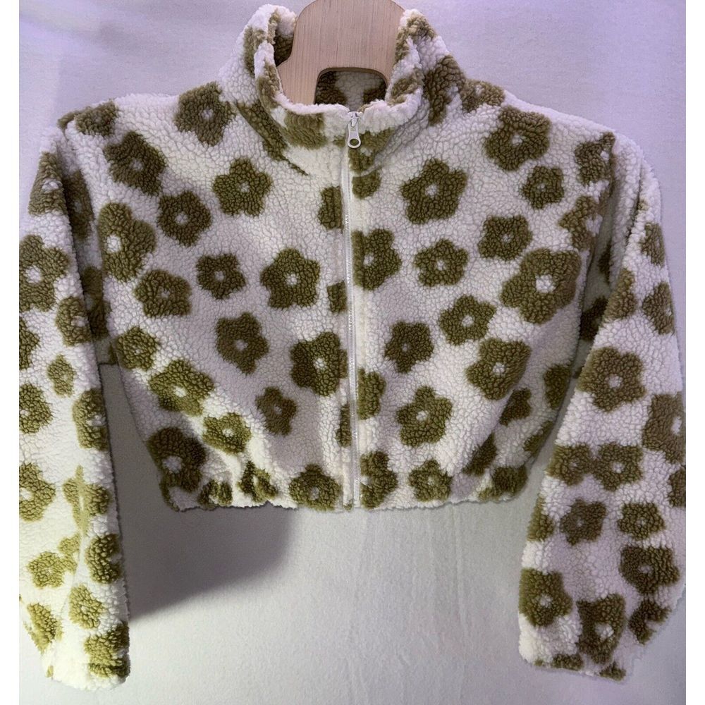 HYFVE Size Large (44x16) Ivory Sherpa Fleece Olive Daisy Floral Cropped Jacket